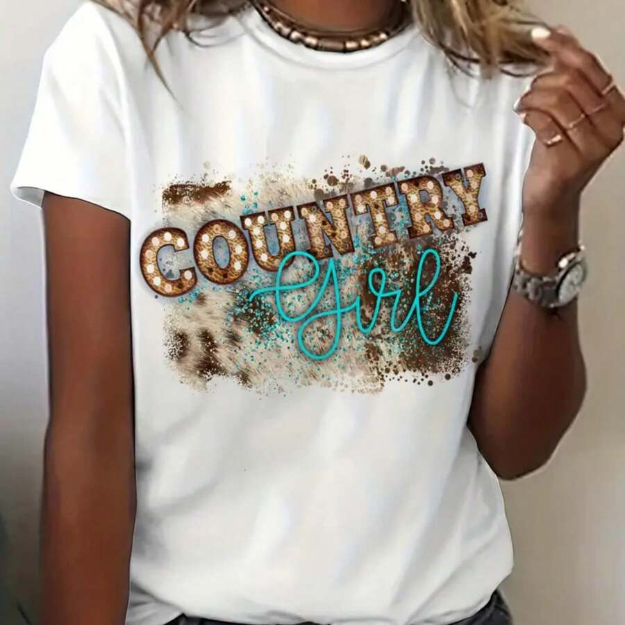 Chic Country Girl Graphic Tee - Soft Polyester Blend, Stretchy & Breathable, Crew Neck Short Sleeve Casual Top For Women - Perfect For Spring & Summer