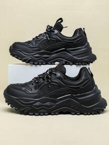 Black Fashion Platform Thick Sole Men's Casual High Street Sneakers, Suitable For Holiday Gift (For Wide Feet, Suggest Ordering One Size Up) - Black - View 2