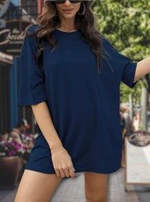 Playera Camisa Oversize Extragrande Holgada y Amplia Casual Cuello Redondo Unicolor Solido Hombros caídos Manga Corta Cómodo para Dama Mujer Salida Casual Gimnasio y mas - Azul Marino - Ver 1