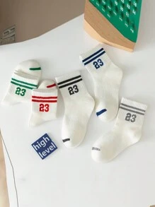 5 Pairs Children's Two Stripe Number 23 Pattern Mid-Calf Socks, Suitable For Casual Shoes - Multicolor - View 2