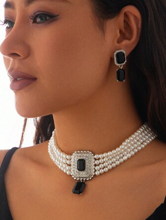 Set de 3 piezas con collar y aretes de lujo exagerados con múltiples capas de perlas sintéticas, cristal sintético y strass, adecuado para bodas, fiestas y regalos de vacaciones para mujeres