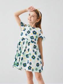 Annil Tween Girls  Round Neck Short Sleeved Dress, Summer Combed  Princess Dress, Sweet