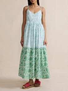 Women Cami Dress Plaid/Print V-Neck Spaghetti Straps Sleeveless Backless A-Line Dress Long Dress