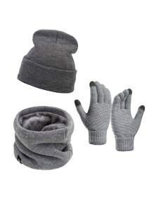 1 Set Winter Knit Hat, Neck Warmer Scarf And Touch Screen Gloves, Solid Color Unisex Outdoor - Warm Touch Screen Gloves, Thick Cycling, Outdoor Essential Set