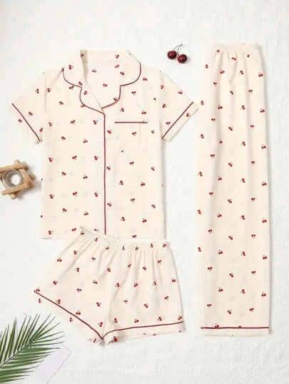 3pcs Set Women Cherry Print Short Sleeve Top, Shorts & Pants Pajamas, Casual Loose Homewear Suitable For Home & Outdoor, Spring/Summer