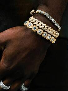 3pcs Set Fashionable Sparkling Crystal Cuban Link Chain Bracelet For Women Men, Thick Hip Hop Ice Chain Jewelry, Ideal For Valentine's Day, Holiday Party Gifts