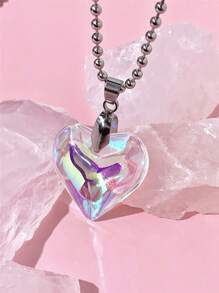 1 chiếc vòng cổ mặt trái tim thủy tinh màu 25mm đơn giản và thời trang, chuỗi hạt tròn bằng thép không gỉ màu bạc, thích hợp để đeo hàng ngày, làm quà tặng - vòng cổ tình yêu - Xem 6