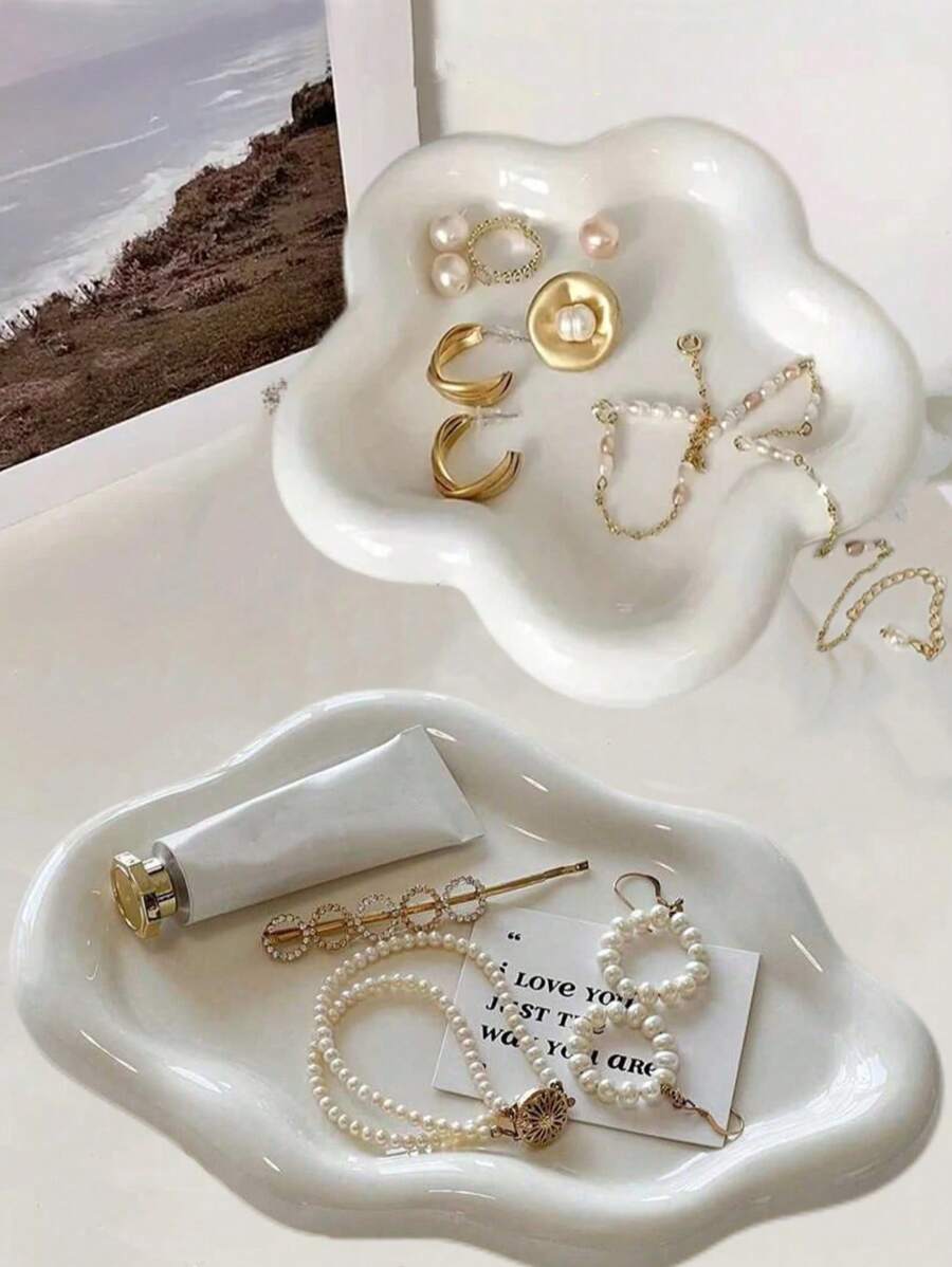 2pcs Flower & Cloud Patterned Nail Art Rhinestone Jewelry Storage Tray, Creative Kitchen Decoration Tray For Jewelry, Necklace, Earring, Bracelet Storage Gifts For Women