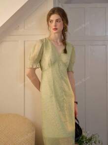 Simple Retro Dames lente en zomer resort stijl V-hals pofmouwen bloemen elegante retro elegante slanke maxi-jurk