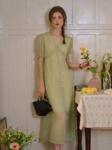 Simple Retro Đầm maxi nữ cổ chữ V tay cánh hoa họa tiết hoa nhí thanh lịch kiểu vintage ôm sát, thích hợp cho kỳ nghỉ xuân/hè. - màu xanh lá - Xem 7