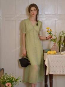 Simple Retro Dames lente en zomer resort stijl V-hals pofmouwen bloemen elegante retro elegante slanke maxi-jurk