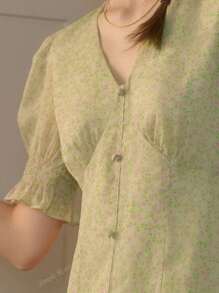 Simple Retro Dames lente en zomer resort stijl V-hals pofmouwen bloemen elegante retro elegante slanke maxi-jurk