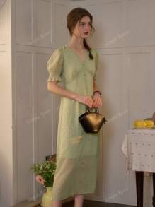 Simple Retro Dames lente en zomer resort stijl V-hals pofmouwen bloemen elegante retro elegante slanke maxi-jurk