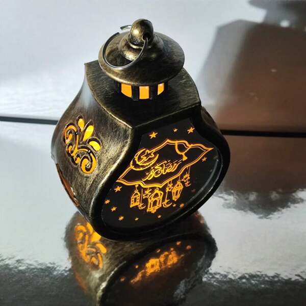 1 pièce Lanterne vintage au motif croissant de lune et étoile, en plastique, noir et or antique, en verre creux, décoration de lampe pour le Moyen-Orient/Ramadan Aïd, cadeau de fête