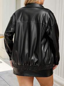 Chaqueta informal de unicolor para otoño para mujeres de talla grande - Negro - Ver 2