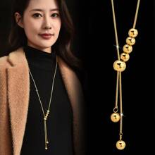 18k Titanium Steel Gold And Silver Pull-Out Ball Beads Retro Design High-End Long Sweater Chain - Gold - View 2