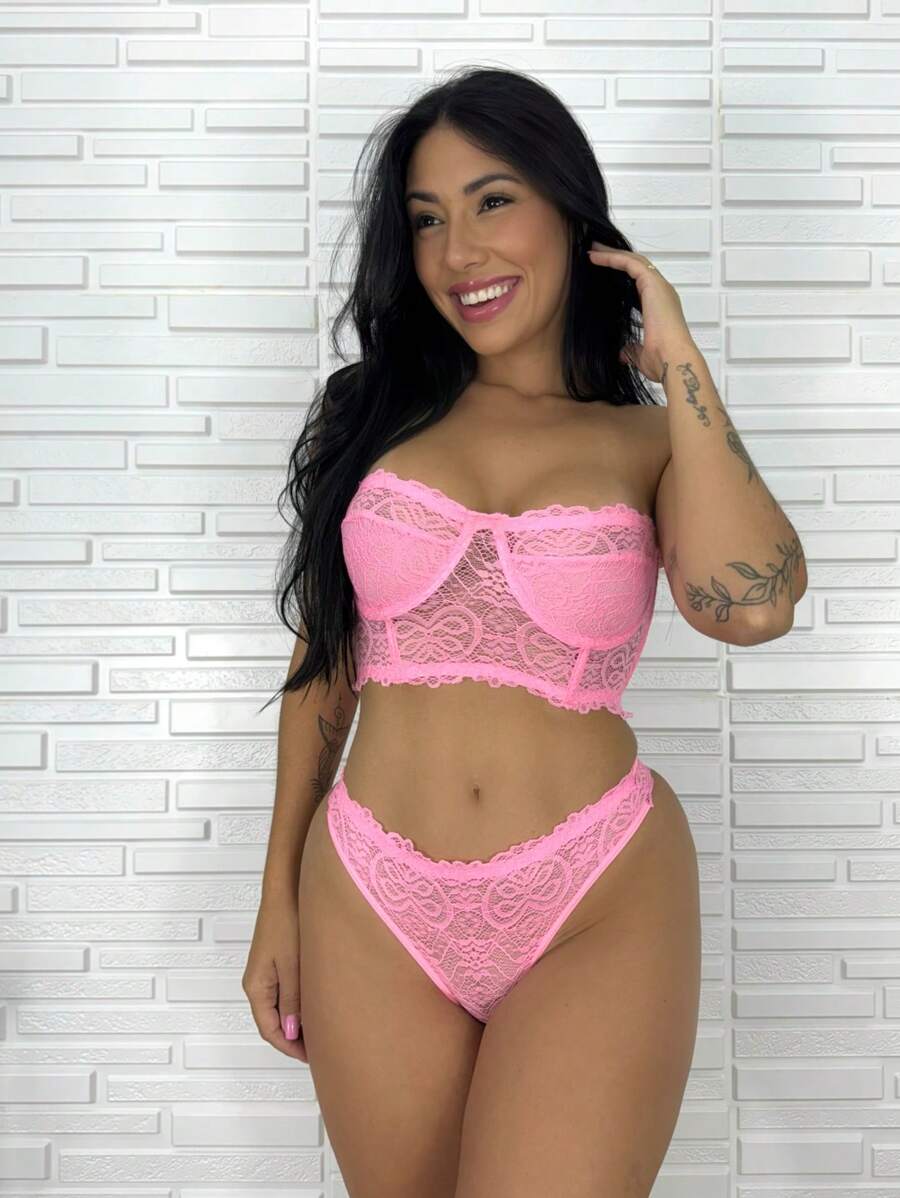 Laura Lingerie Set Without Underwire Cropped Corset Husband Hold Sexy - 淺粉色 - 查看 1