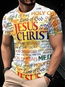 Men's Retro Style 3D Jesus Letter Print Pattern, Casual Crew Neck Short Sleeve T-Shirt - Multicolor - View 2