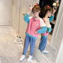 Girls' Heart Pattern Light-Wash Denim Joggers - Loose Elastic Waist Casual Pants - 深色水洗藍 - 查看 6