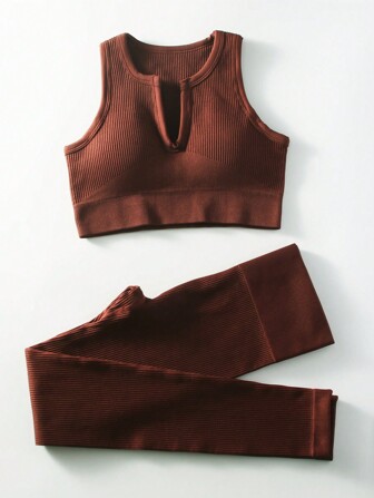 女士健身套装夏季无缝罗纹高腰紧身裤配运动胸罩，性感 V 领健身套装