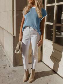 Women's Contrast Binding Casual Colorblock Splice Batwing Sleeve Knit Top Cap Sleeve Knit Sweater Tops Sleeveless Vest Summer Tops Spring Clothes Oversized Tank Tops T Shirts