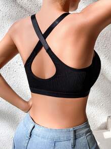 女士黑色罗纹针织无衬垫运动胸罩，背部交叉设计，舒适