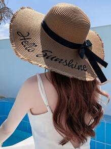Polyester Wide Brim Sun Hat For Women, Casual Beach Straw Hat With Bowknot & Letter Decor, Fashionable Elegant Bohemian Style, Suitable For Spring & Summer