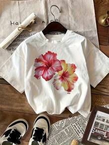 Áo thun nữ tay ngắn cổ tròn màu trơn in hình hoa dâm bụt rộng rãi thoải mái - trắng - Xem 1