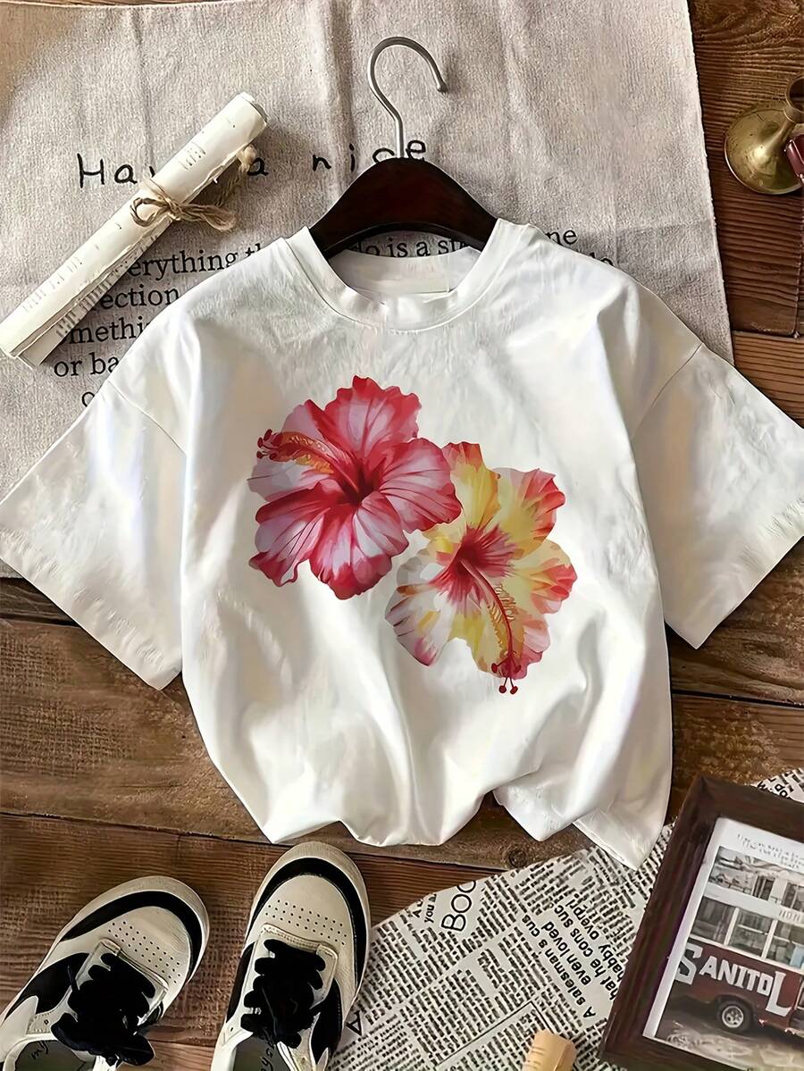 Áo thun nữ tay ngắn cổ tròn màu trơn in hình hoa dâm bụt rộng rãi thoải mái - trắng - Xem 1