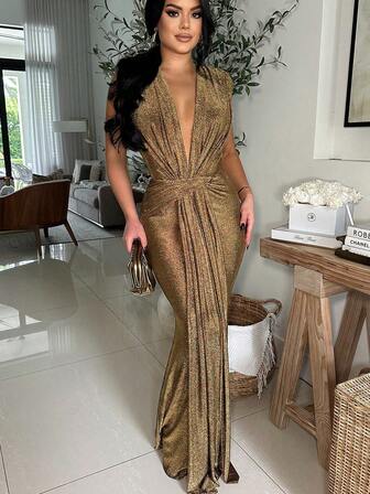 Women Metallic Elegant Deep V Neck Cocktail Dress, Wedding Guest Dress, Party Dress, Prom Dress
