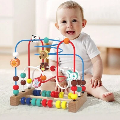 Juguete de cuentas de madera para niños, cuentas grandes para evitar que se las traguen, juguete educativo y de entrenamiento cerebral para bebés de 1 a 3 años, cuentas para el reconocimiento de animales y la clasificación de colores, regalo de cumpleaños para niños y niñas.