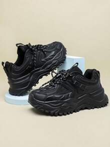 Comfortable Minimalist Stylish Outdoor Walking Casual Shoes, Urban Tie Commuting Fitness Travel Chunky Sneakers, Round Toe Low Top Color Block Versatile Sports Shoes, Perfect Gift For Holidays, Men's
