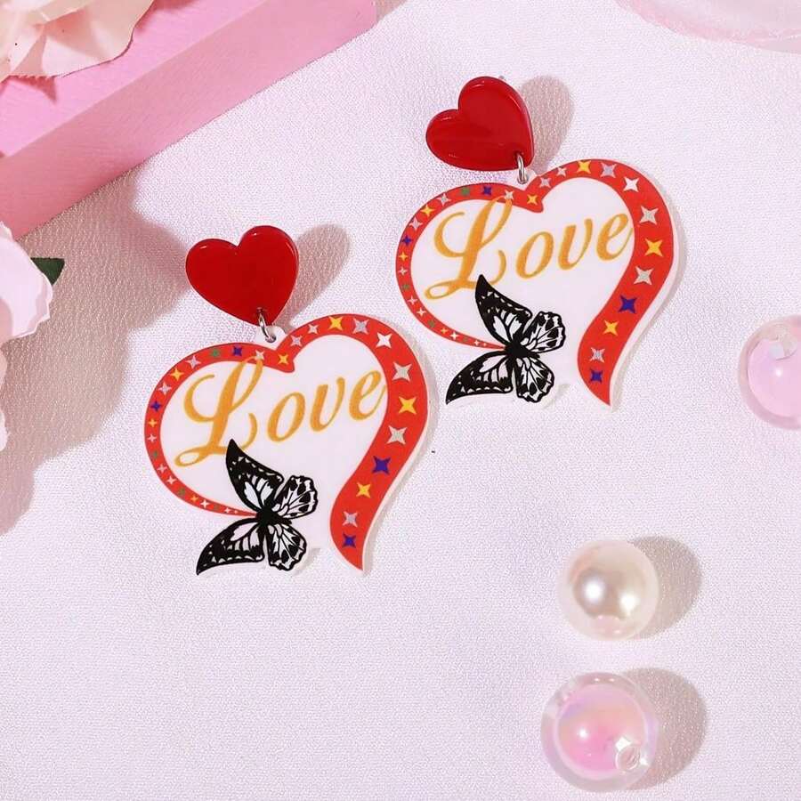 1pc Fashionable & Elegant Heart Love Butterfly Earrings, Best Gift For Girl And Girls On Valentine's Day