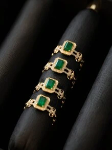 1pc S925 Silver Chain Ring For Women, Green Geometric Hollow Design, Fashionable Minimalist Luxury Ring Suitable For Daily Wear And Holidays