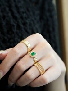 1pc S925 Silver Chain Ring For Women, Green Geometric Hollow Design, Fashionable Minimalist Luxury Ring Suitable For Daily Wear And Holidays