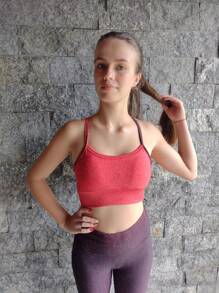 Fitness Strappy Top With Crossover At The Back, Zero Transparency Cropped Top With Removable Pads - Cosmic Dust Red - View 2