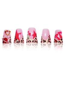Upgrade Your Look With 24 Pieces Of Duckbill-Shaped False Nails, Fashionable Leopard Print, Sweet And Cool Stars, Cute Cherry Glittering Red Gems