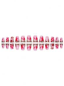 Upgrade Your Look With 24 Pieces Of Duckbill-Shaped False Nails, Fashionable Leopard Print, Sweet And Cool Stars, Cute Cherry Glittering Red Gems