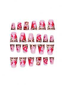 Upgrade Your Look With 24 Pieces Of Duckbill-Shaped False Nails, Fashionable Leopard Print, Sweet And Cool Stars, Cute Cherry Glittering Red Gems