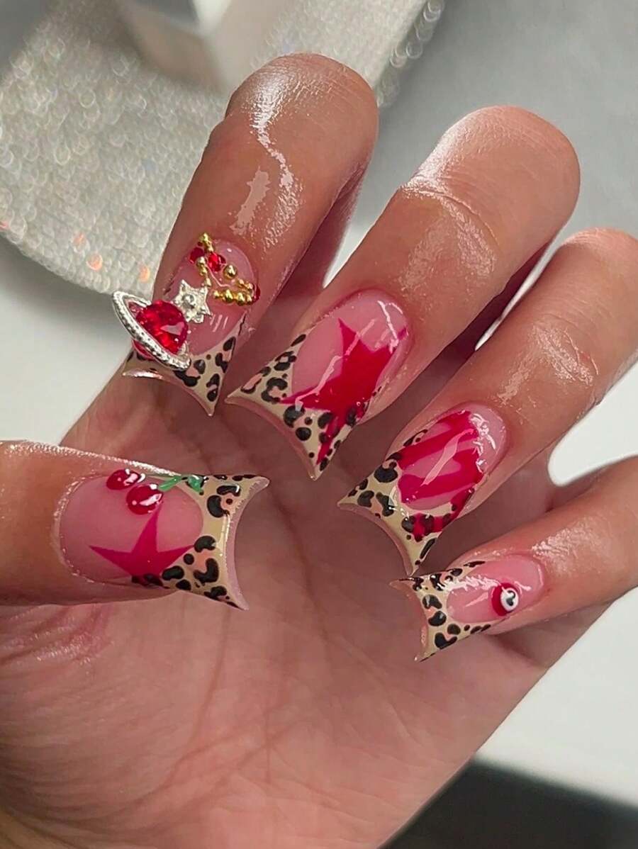 Upgrade Your Look With 24 Pieces Of Duckbill-Shaped False Nails, Fashionable Leopard Print, Sweet And Cool Stars, Cute Cherry Glittering Red Gems
