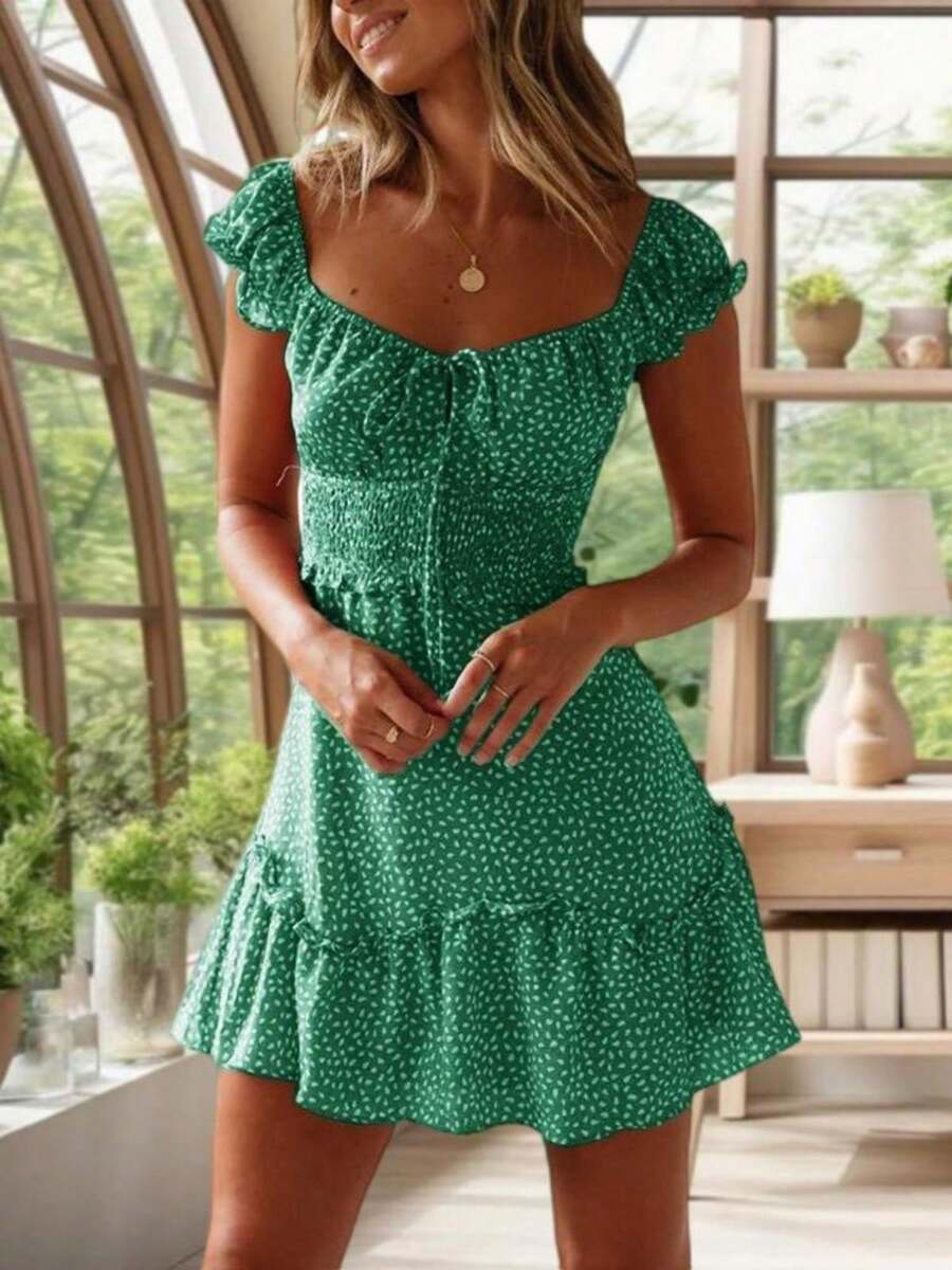 Women's Summer Ruffle Sleeve Sweetheart Neckline Printed Mini Dress - màu xanh lá - Xem 1