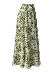 2pcs/Set: Fitted Solid Stand Collar Long Sleeve T-Shirt + Patterned Print Skirt - Green - View 7