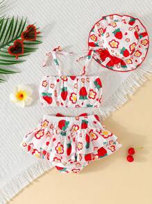 3pcs Baby Girl Outfit Set: Woven Strawberry Floral Print Camisole With Bow Decor, Elastic Waist Tiered Ruffle Dress, And Hat, Summer Daily Wear - Multicolor - View 2