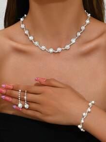 1 Set Fashionable Minimalist Wedding Jewelry Faux Pearl & Diamante Necklace, Earrings, Bracelet Suit For Women Wedding Party