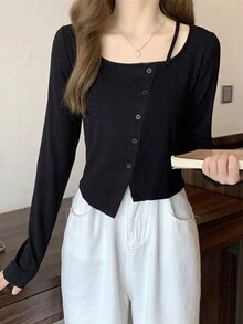 Women Asymmetrical Design Oblique Button Crop Short Sleeve T-Shirt, Stylish And Slim Fit,Autumn