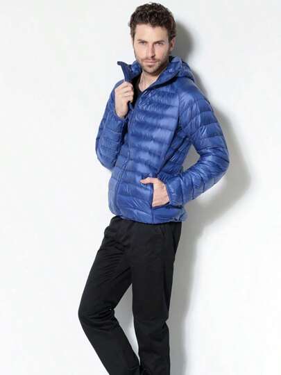 Hombre Chaqueta corta de plumón de invierno de colores lisos con capucha, cortaviento, cortaviento, cálida, de moda, básica (bolsa de almacenamiento gratis) Adecuado para uso diario