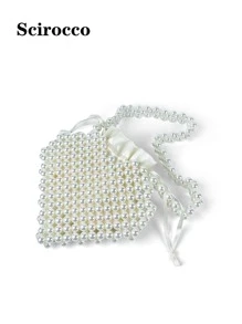 New French Elegant Lady Handmade Pearl Handbag Shoulder Bag With Heart Shape Design - Beige - View 2