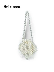 New French Elegant Lady Handmade Pearl Handbag Shoulder Bag With Heart Shape Design - Beige - View 7