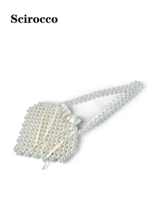 New French Elegant Lady Handmade Pearl Handbag Shoulder Bag With Heart Shape Design - Beige - View 6