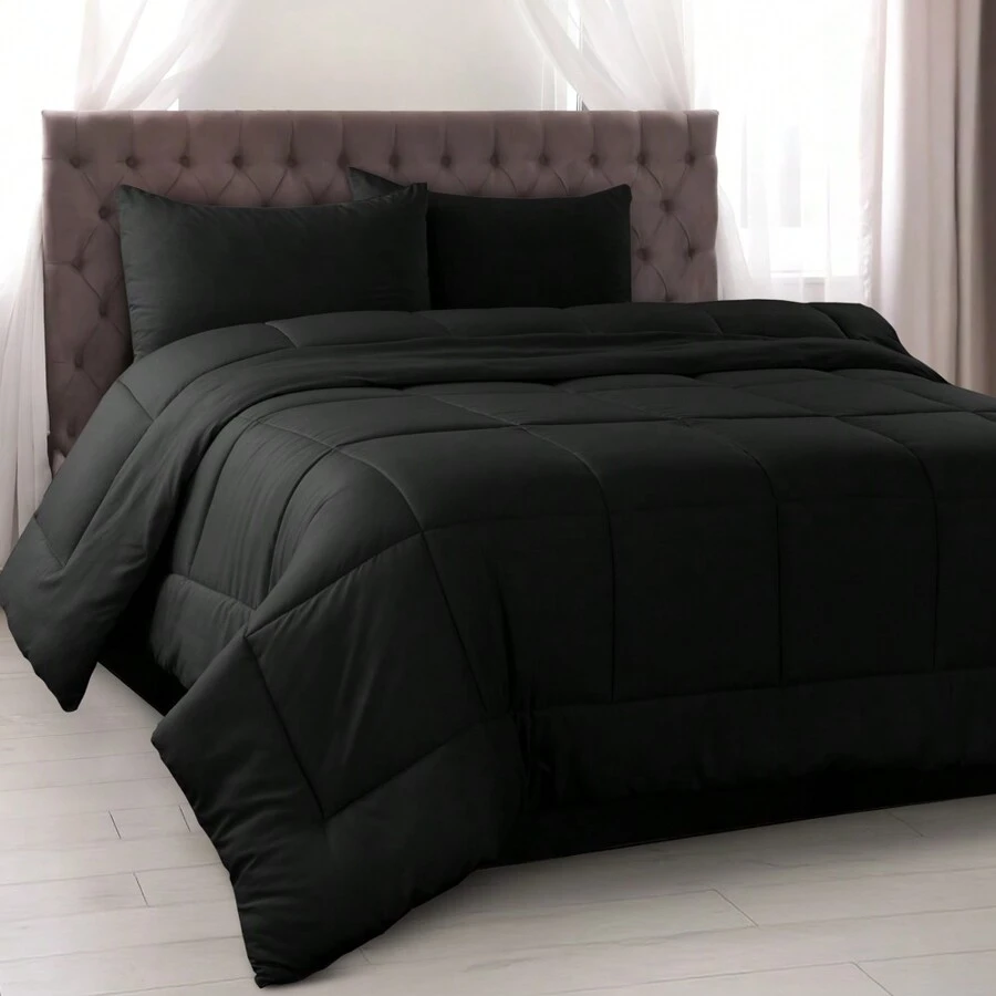 Lux Decor 5-Piece Comforter Set, Soft Microfiber Bedding With Plush Texture, All-Season Comforter, Pillow Shams And Bed Skirt Included, Elegant Hotel Collection Bedding For Bedroom, Guest Room And Home - 黑色 - 查看 1
